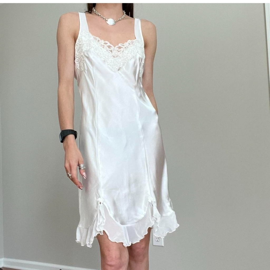 Linea Donatella Satin Lace Slip L Dress Nightgown Boudoir Bridal Summer Pearls
